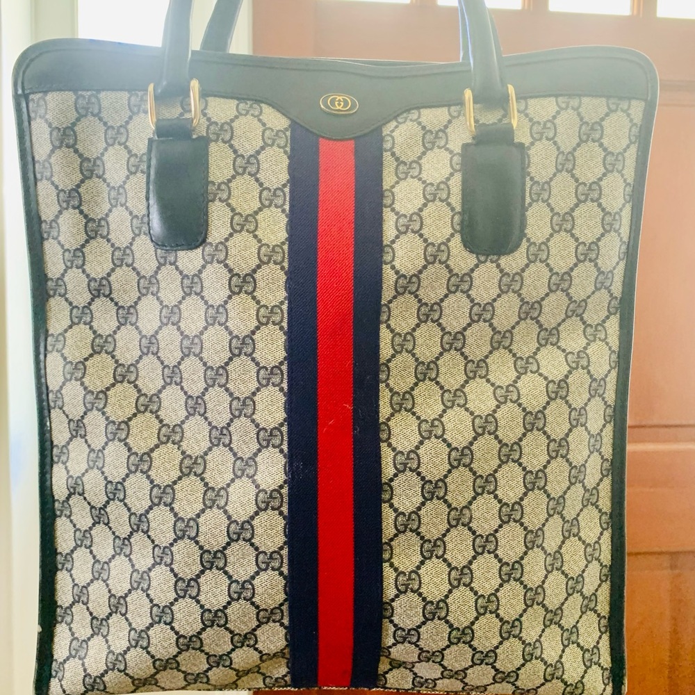 GUCCI vintage navy blue and red monogrammed tote bag - Picture 2 of 9